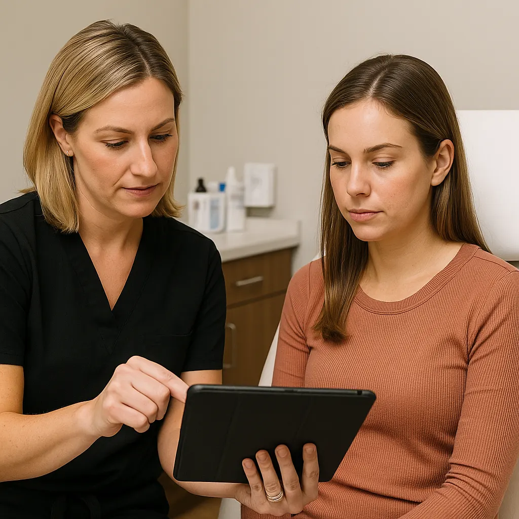 APRN reviewing Sublative RF Microneedling treatment plan on tablet with patient at Express Med Spa La Grange exam room