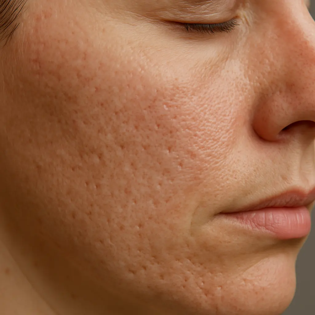 Close-up cheek with enlarged pores and rough texture before Sublative RF Microneedling at Express Med Spa La Grange