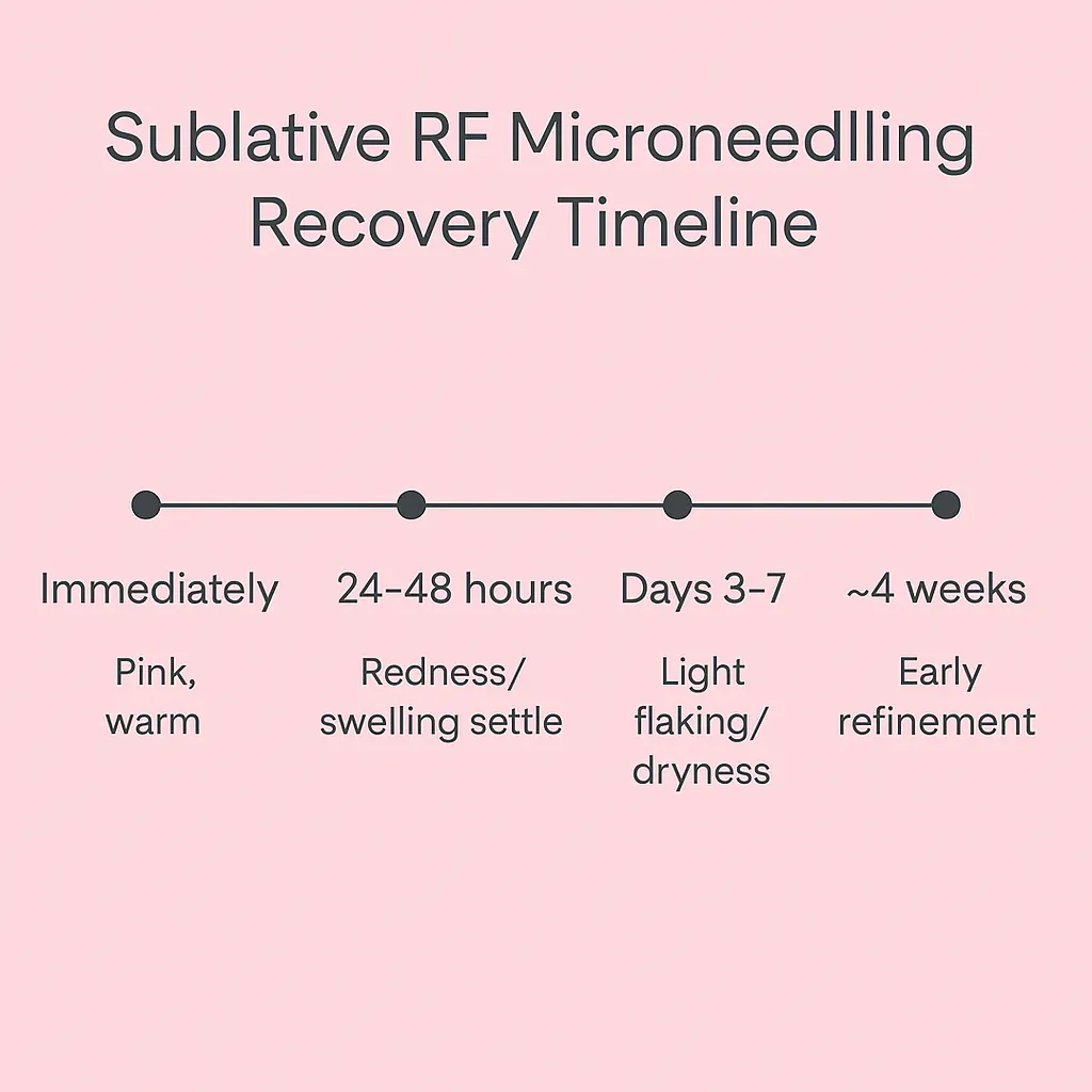 Recovery timeline graphic showing healing milestones after Sublative RF Microneedling at Express Med Spa La Grange