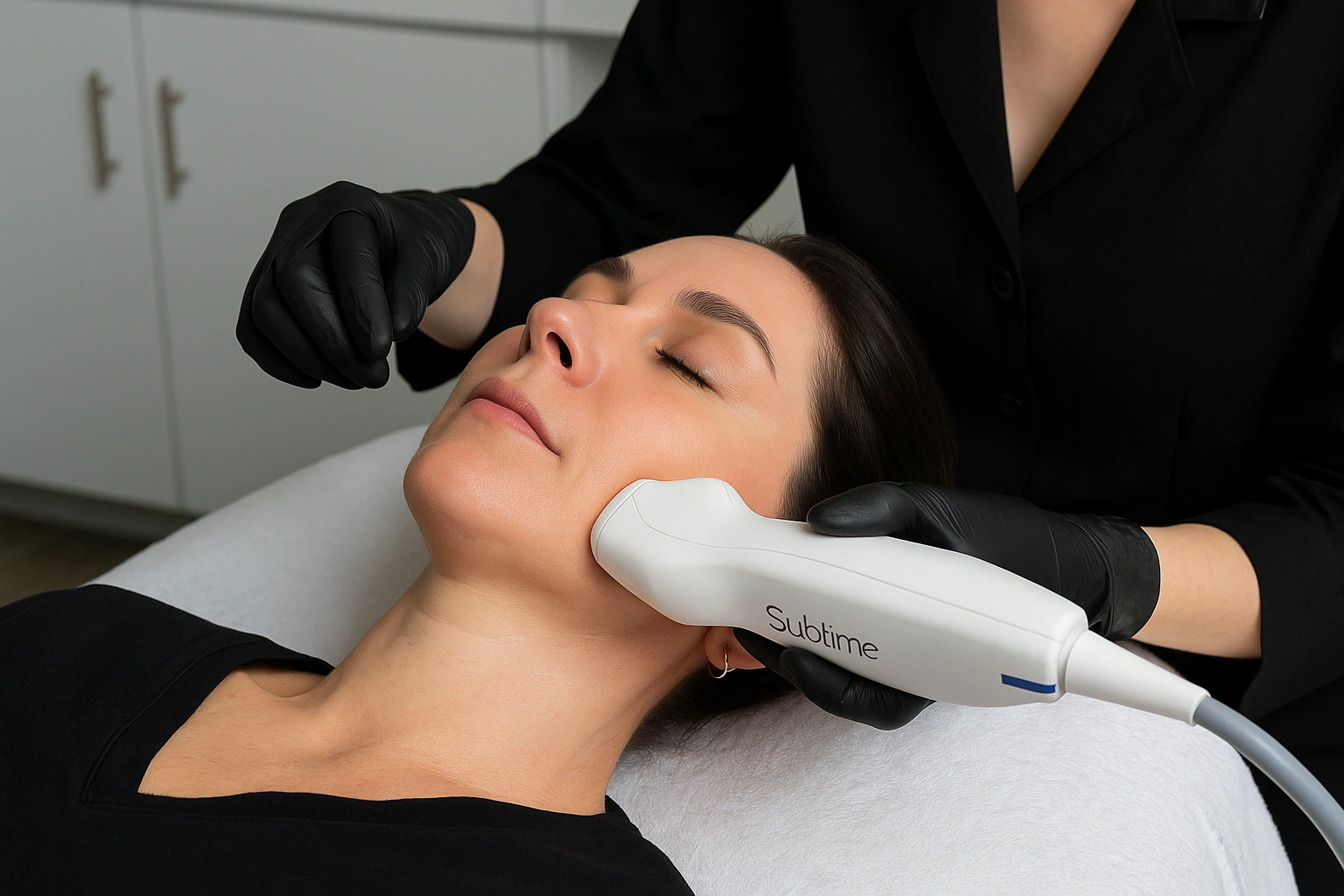 Sublime RF skin tightening treatment at Express Med Spa La Grange IL focusing on jawline and cheek firming.