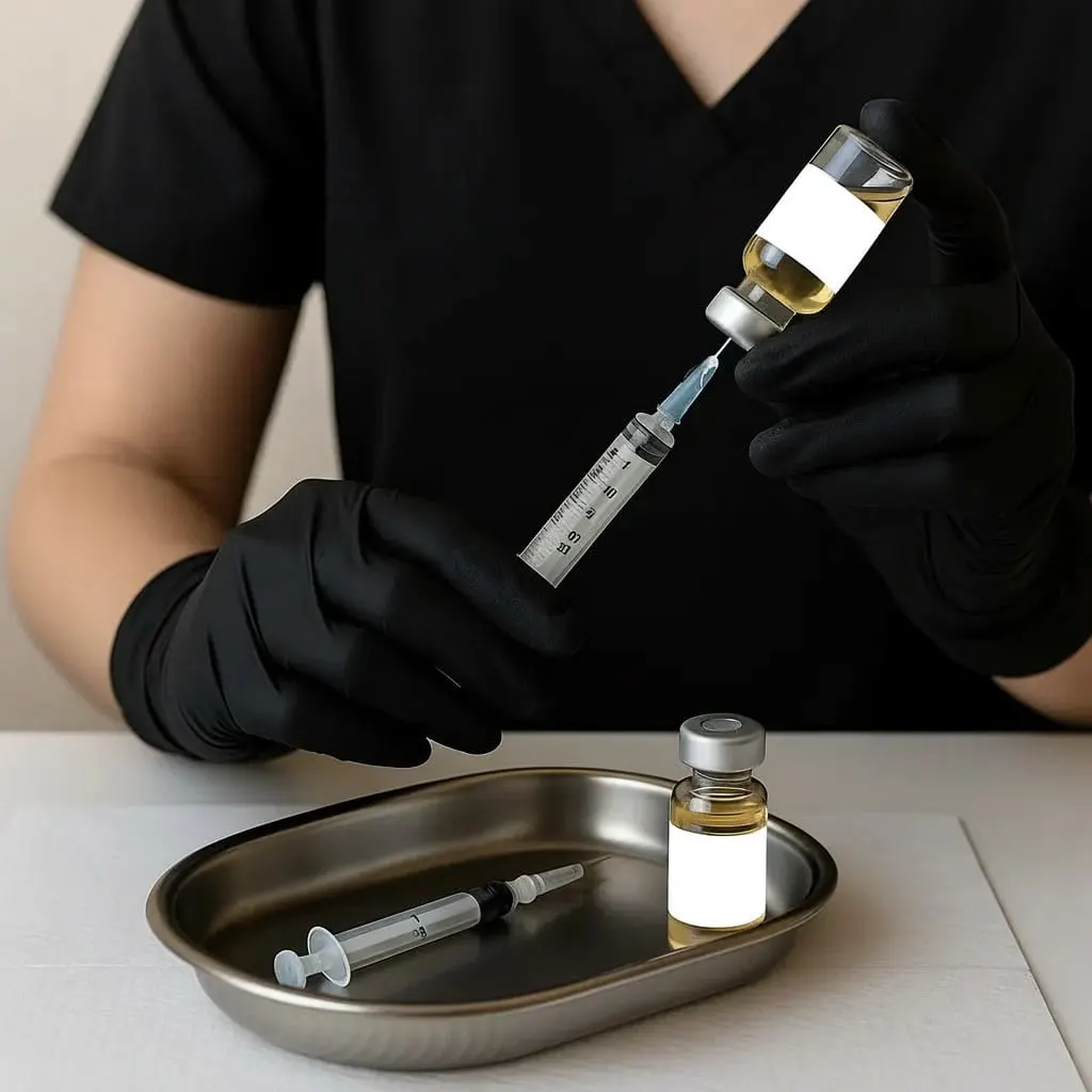 Clinician preparing a testosterone injection with sterile technique at Express Med Spa La Grange, offering supportive hormone wellness care.