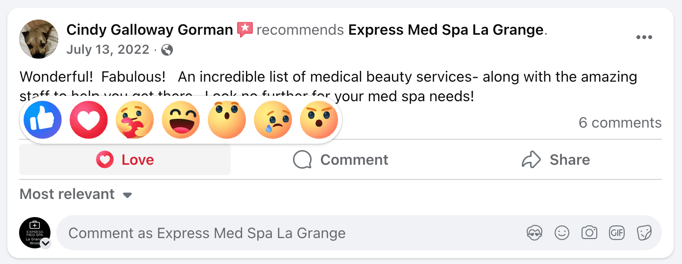 Facebook review for Express Med Spa La Grange praising staff and beauty service offerings ear piercing review