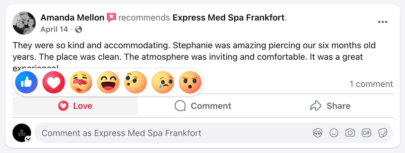 Facebook review for Express Med Spa La Grange praising staff and beauty service offerings ear piercing review