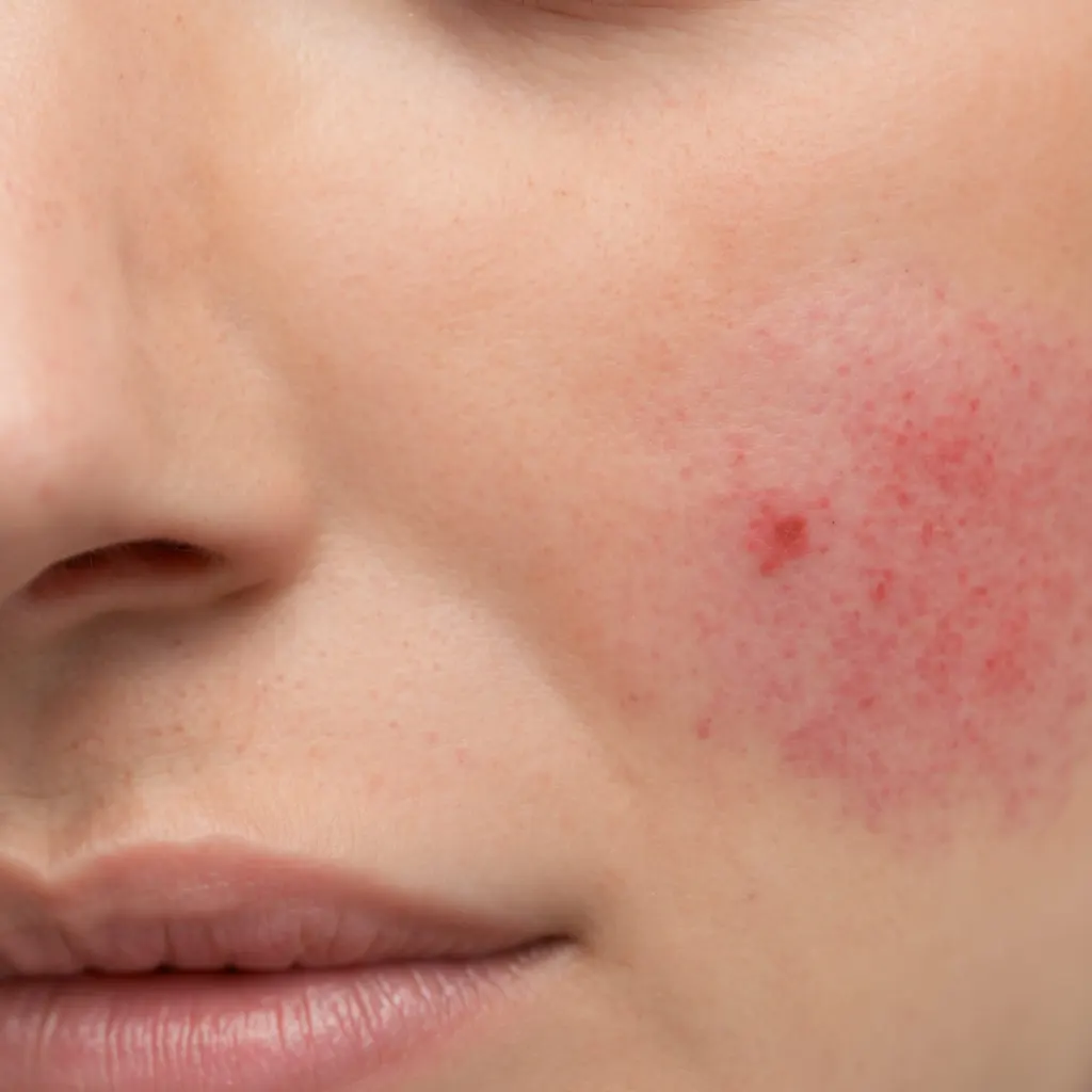Facial redness and rosacea skin irritation on cheek before treatment at Express Med Spa