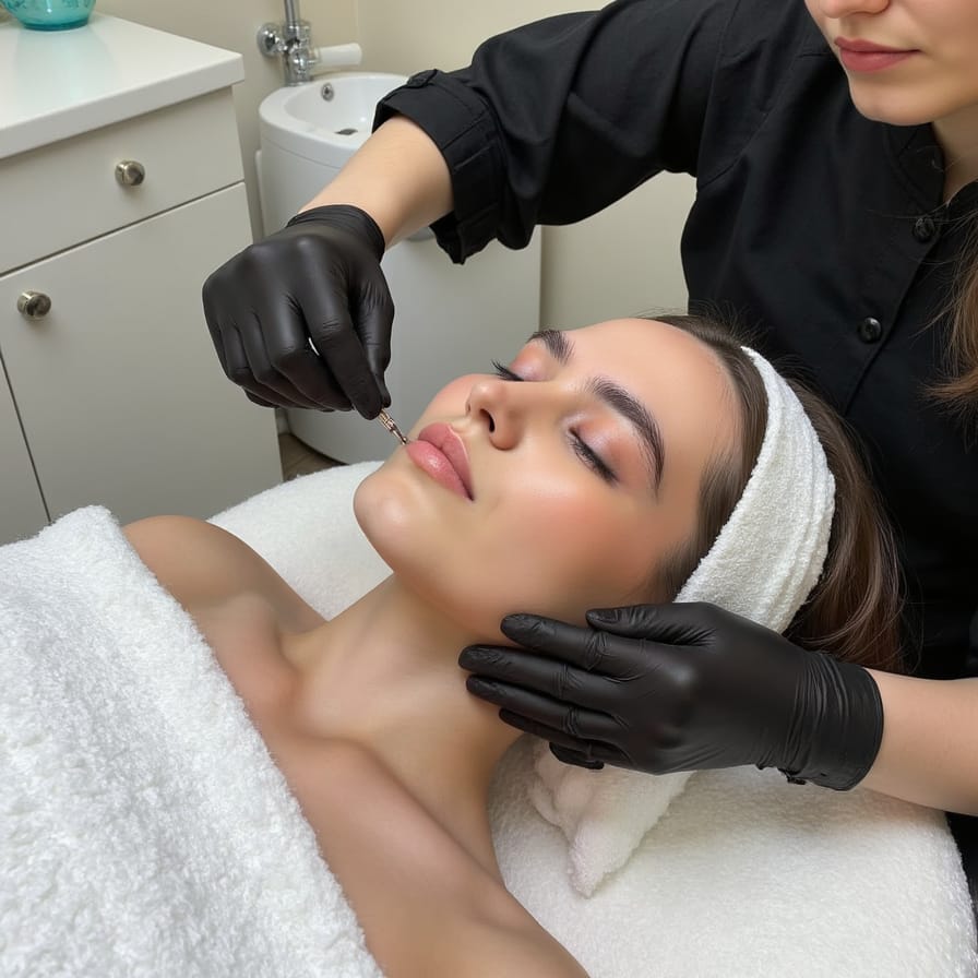 Woman undergoing a facial radio frequency (RF) treatment at Express Med Spa. The procedure enhances collagen production for smoother, firmer skin and improved texture and tone.