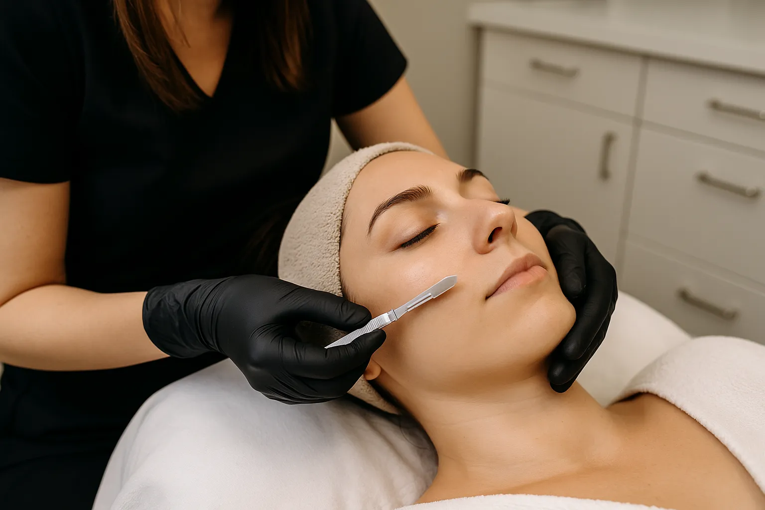 Confident woman receiving dermaplaning treatment in Frankfort spa for smooth skin and bright, even tone.