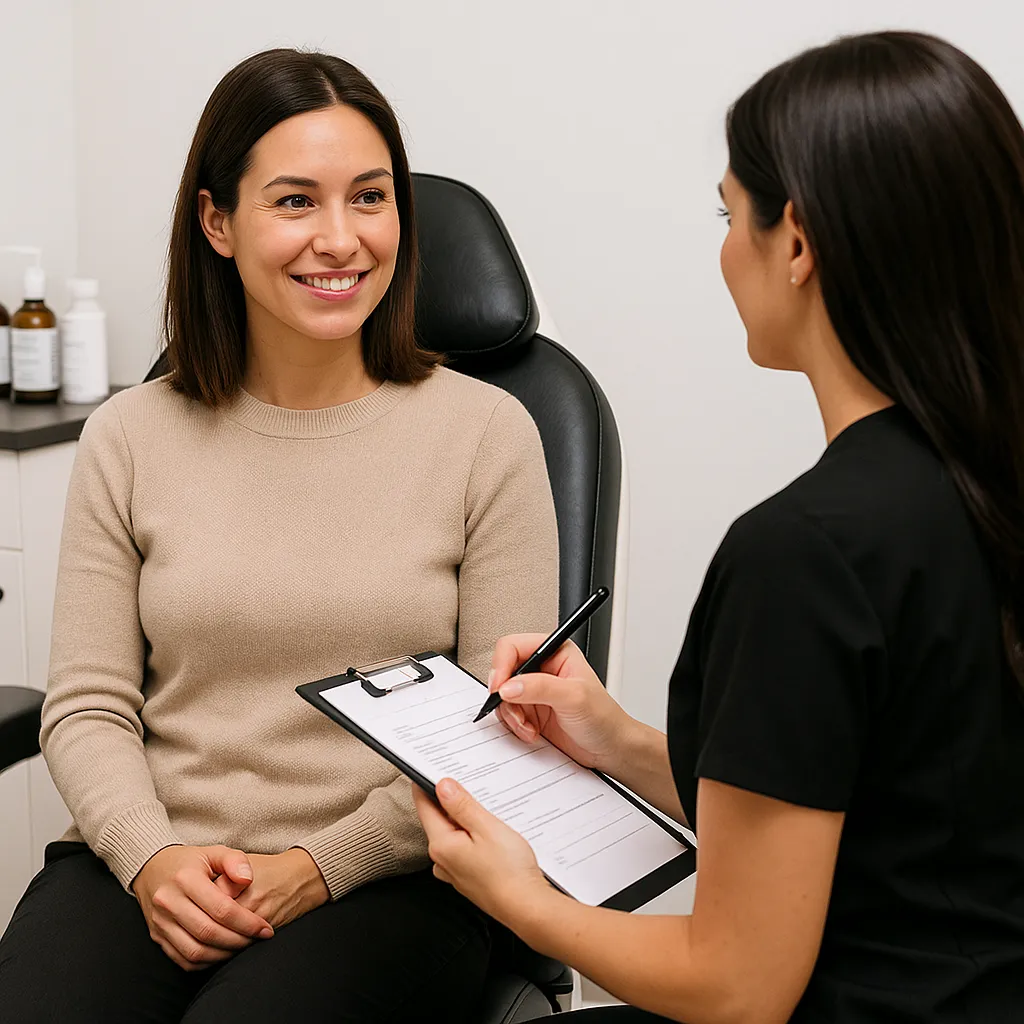 Provider and client discussing Radiofrequency Skin Tightening treatment plan during consultation at Express Med Spa Frankfort, IL.