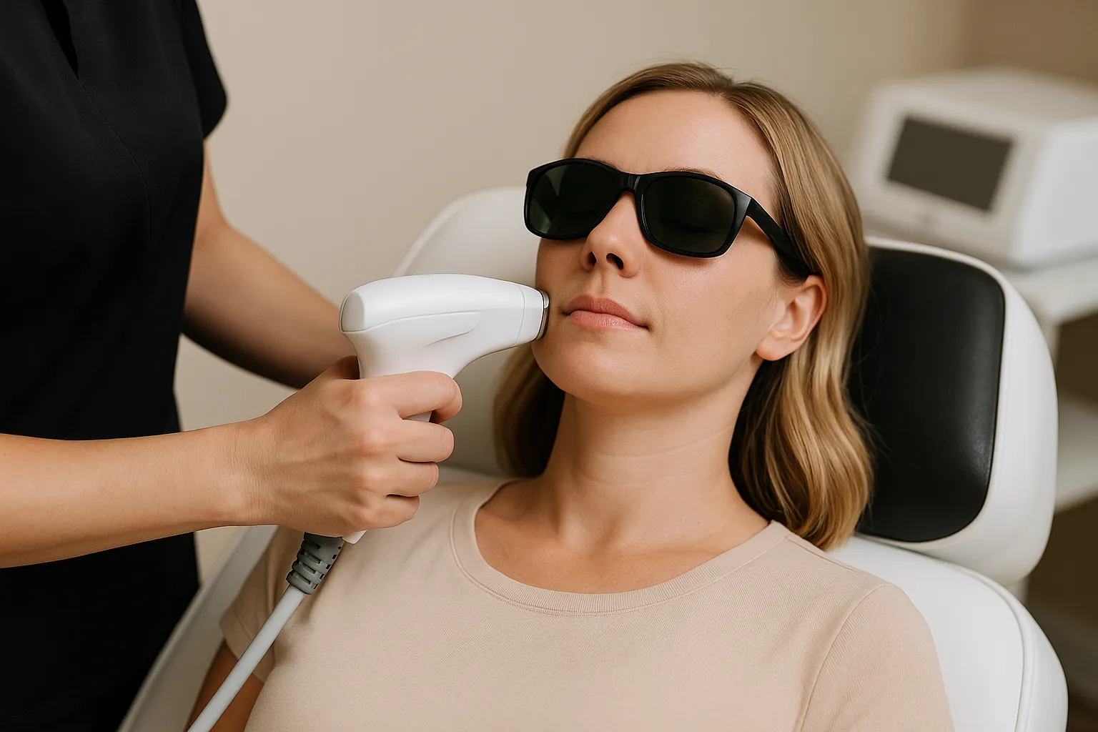 Non-invasive RF Skin Tightening device applied to lower face during treatment at Express Med Spa Frankfort, IL.