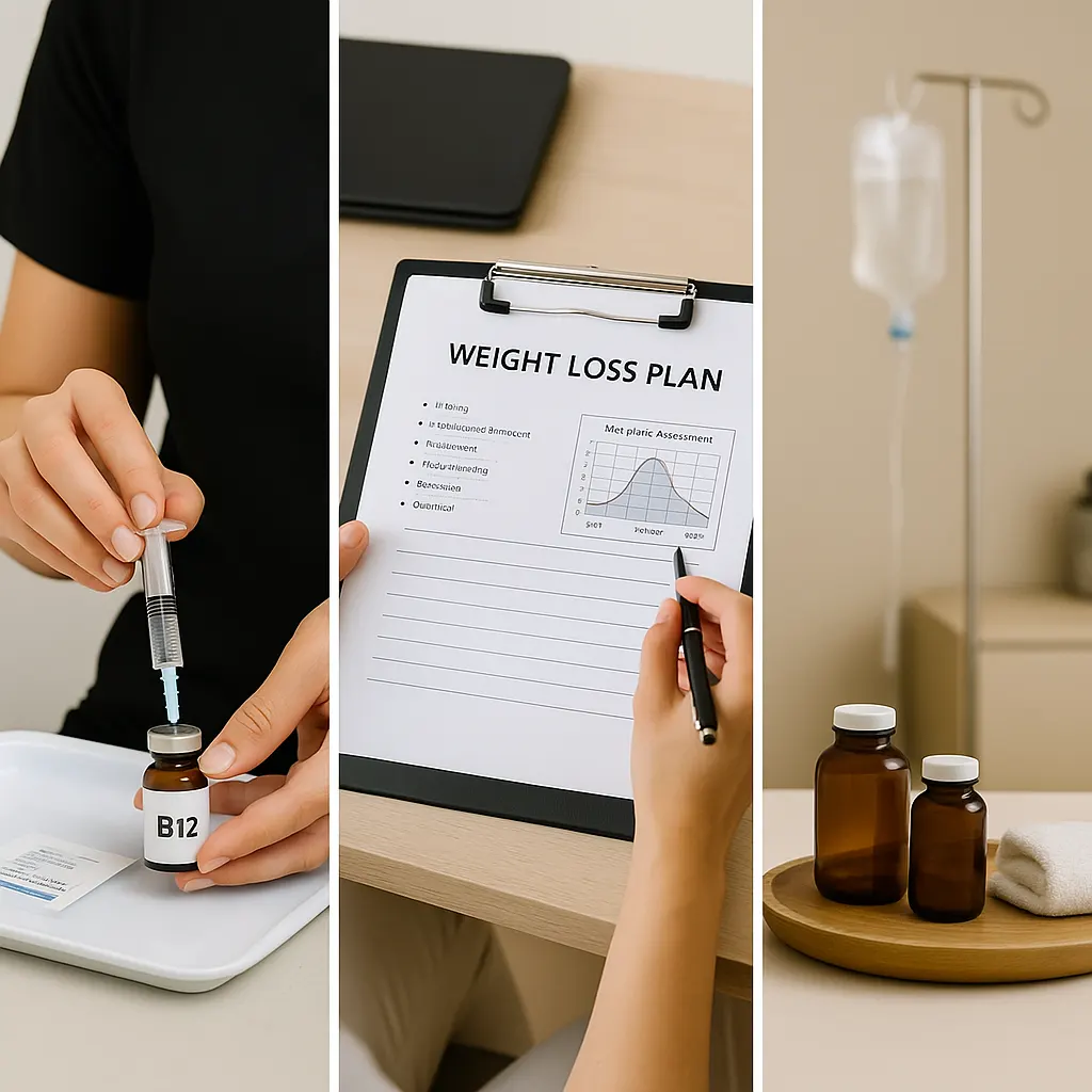 Three-image wellness grid showing a B12 vitamin shot setup, a GLP-1 or wellness consultation plan, and a calming IV therapy environment at Express Med Spa Frankfort