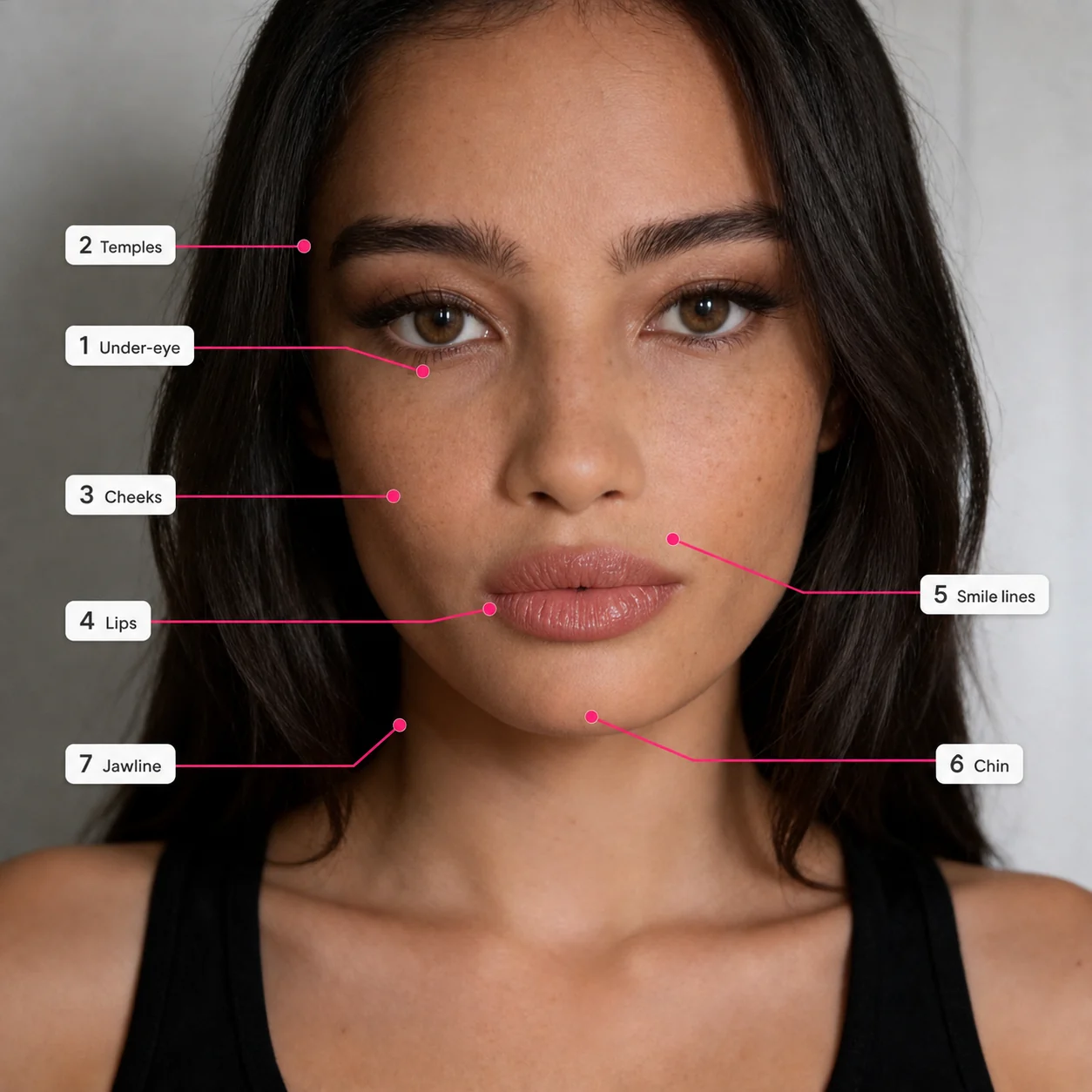 Full facial balancing treatment areas diagram with seven numbered zones on a woman's face: under-eye, temples, cheeks, lips, smile lines, chin and jawline, for dermal filler and wrinkle relaxer placement at Express Med Spa.