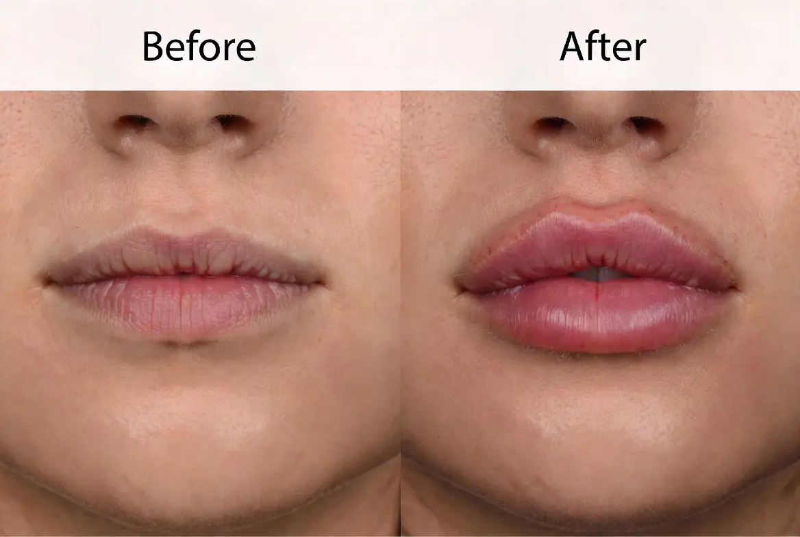 Before and after results of Versa Lip Filler at Express Med Spa Mount Greenwood Chicago showing smooth, natural lip enhancement with subtle volume