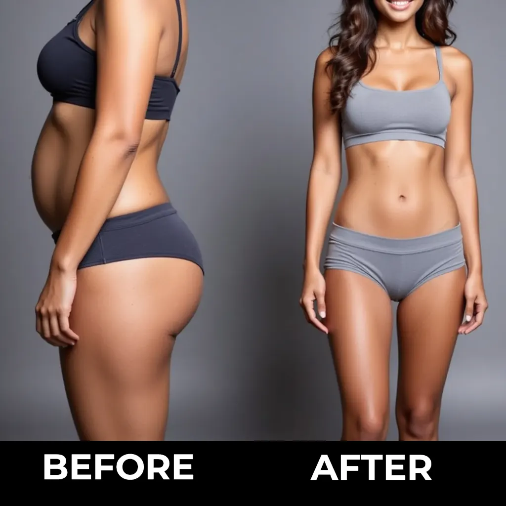 Simulated GLP-1 weight-loss results with side and front view of female transformation