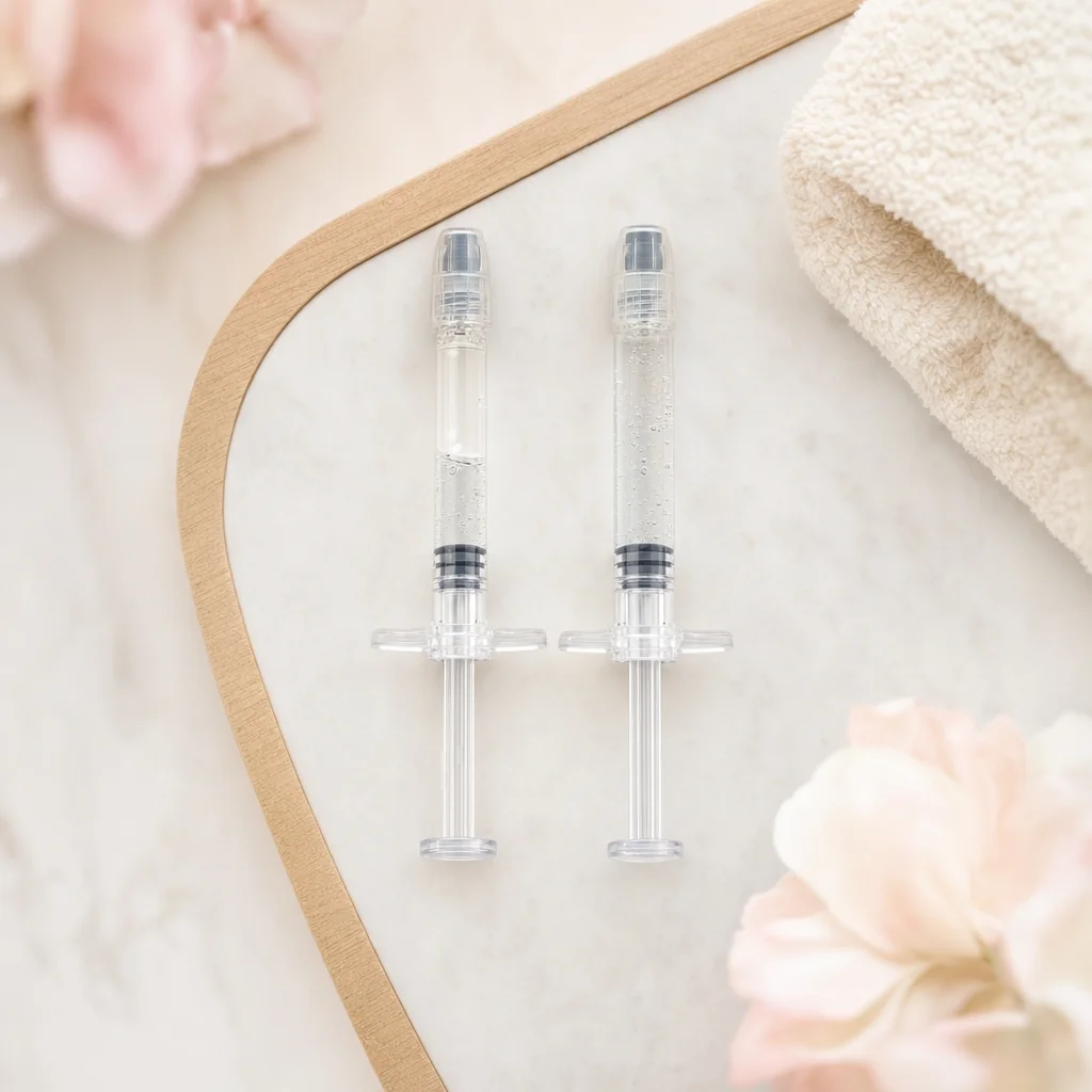 Illustration comparing a half syringe of lip filler to a full syringe to visualize how a mini lip filler uses a smaller amount than a full lip filler at Express Med Spa.
