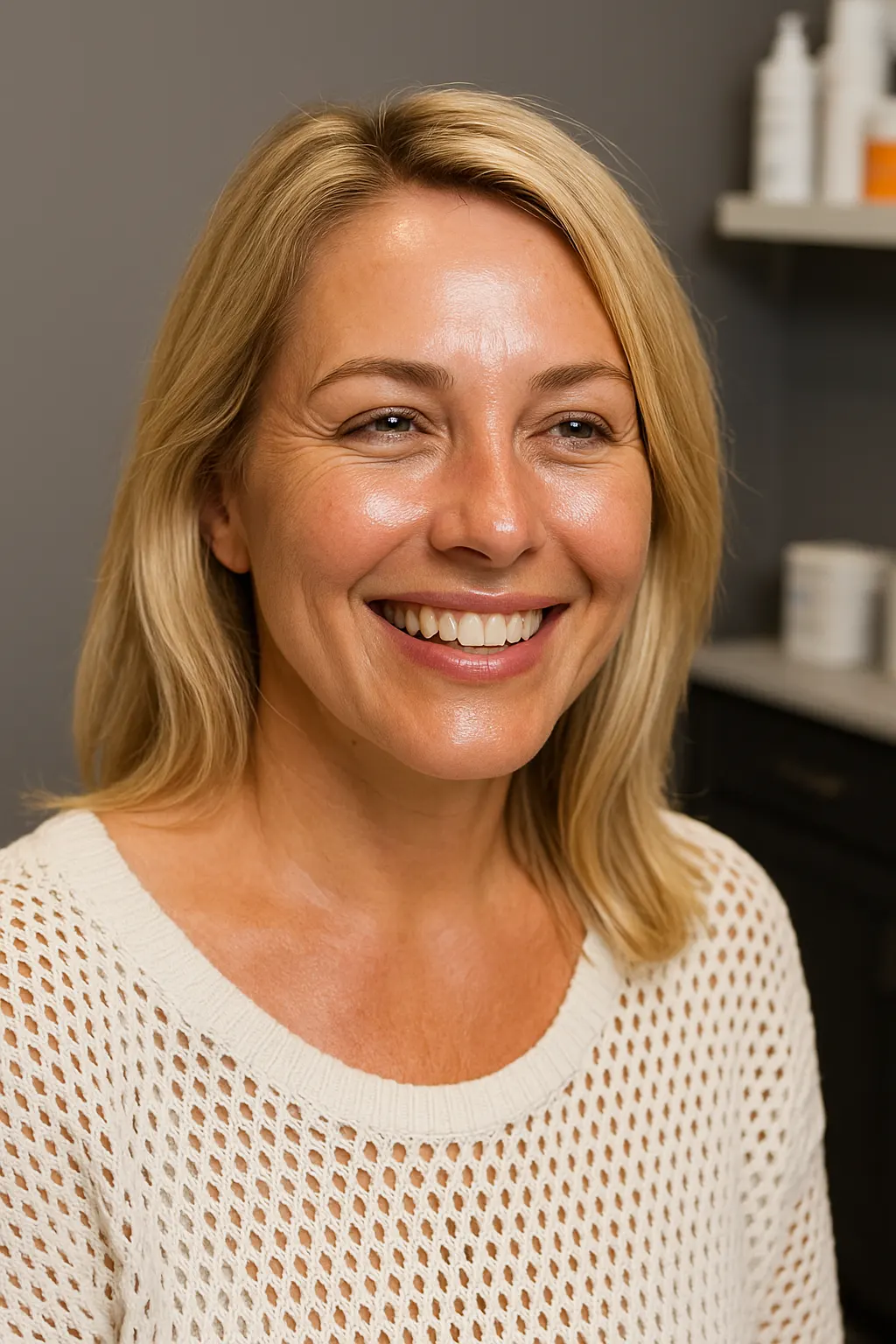 Smiling client after IPL photofacial at Express Med Spa La Grange with clearer skin.
