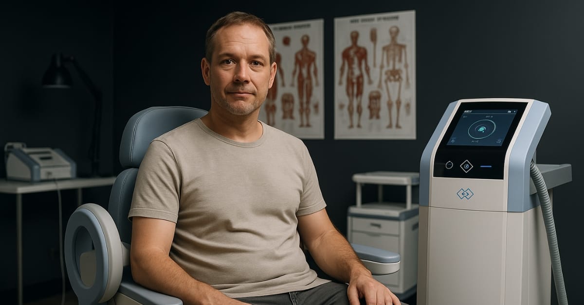 Client seated next to Emsella chair at Express Med Spa for non-invasive pelvic floor strengthening treatment.