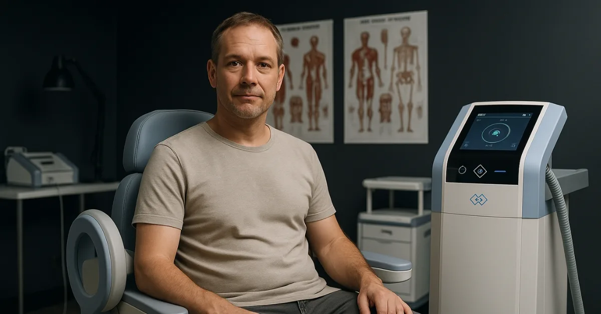 Client seated next to Emsella chair at Express Med Spa for non-invasive pelvic floor strengthening treatment.