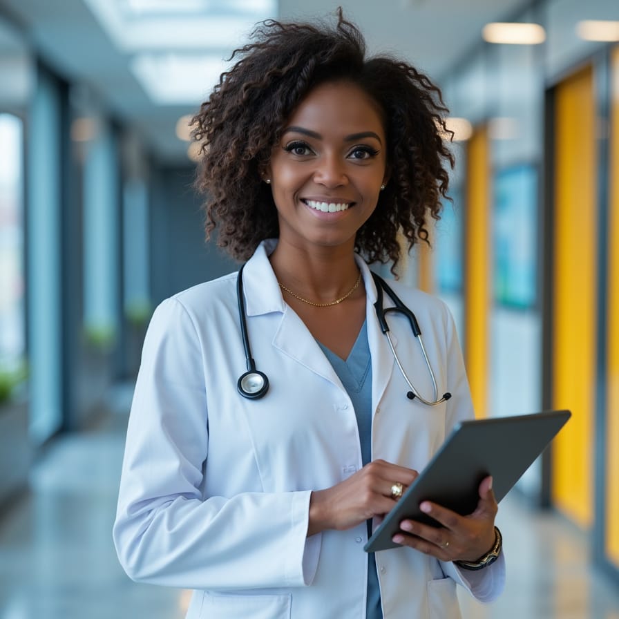 Female medical professional in white coat with stethoscope holding a tablet, symbolizing medical director compliance for med spas