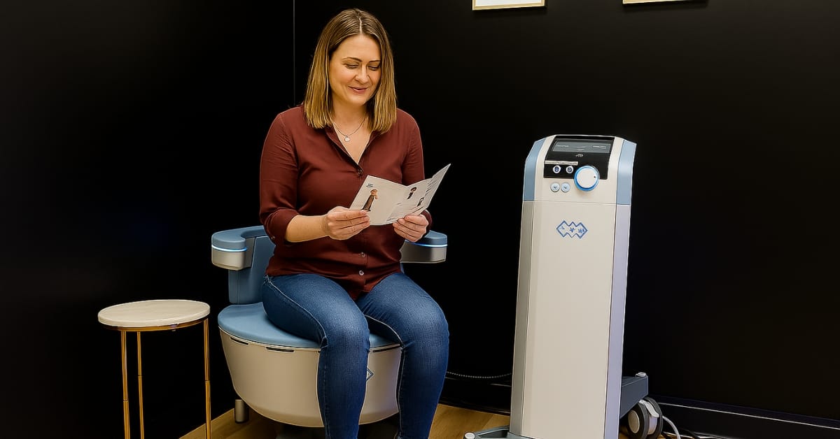 A client demonstrates how to sit on the Emsella chair during a pelvic floor treatment at Express Med Spa for wellness and non-invasive rejuvenation.