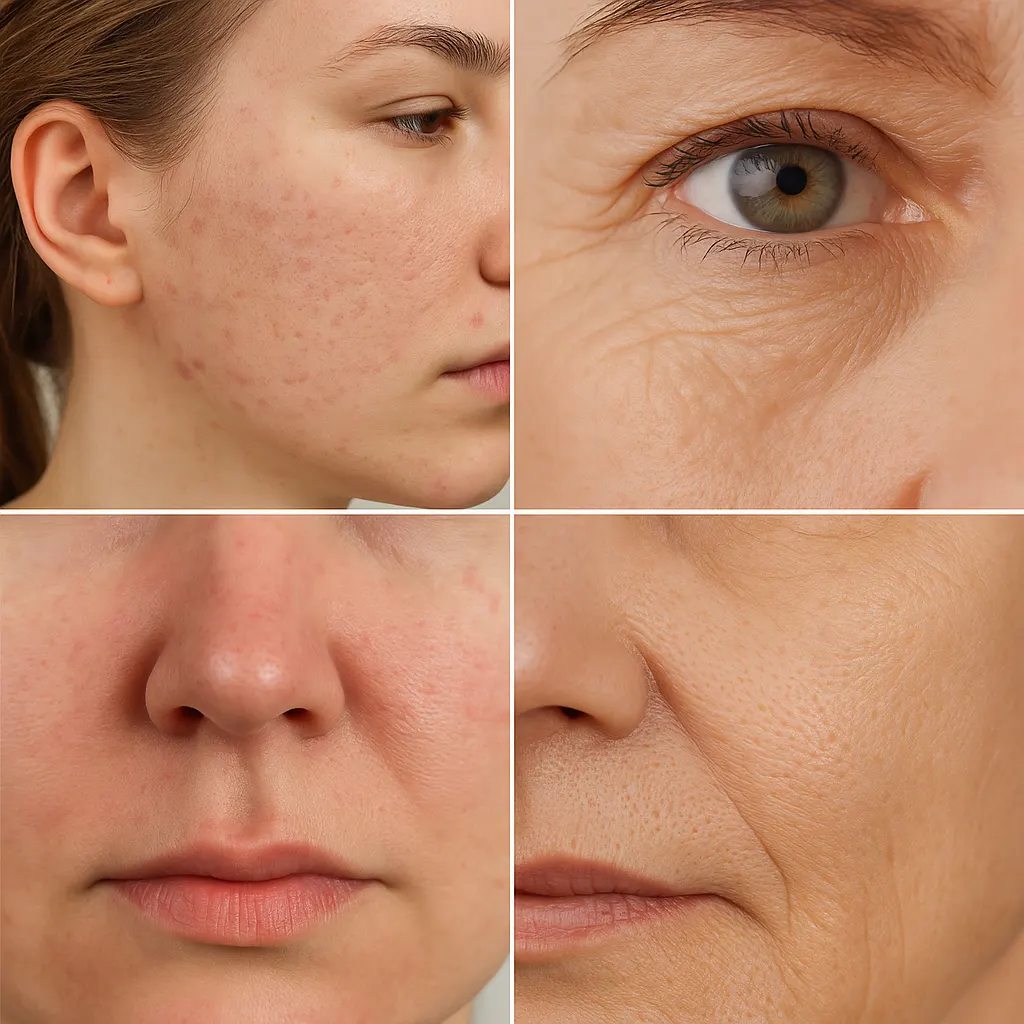 Examples of skin concerns treated with IPL photofacial at Express Med Spa Frankfort, including redness, pigmentation, and fine lines.