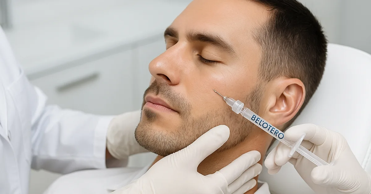Man receiving a dermal filler injection in his cheek from a licensed aesthetic practitioner wearing gloves in a clinical setting.