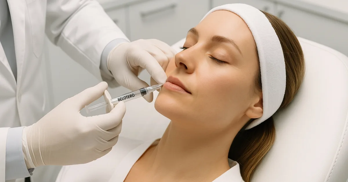 Woman receiving a dermal filler injection in her lips from a licensed aesthetic practitioner wearing gloves. Is belotero good for fine lines.