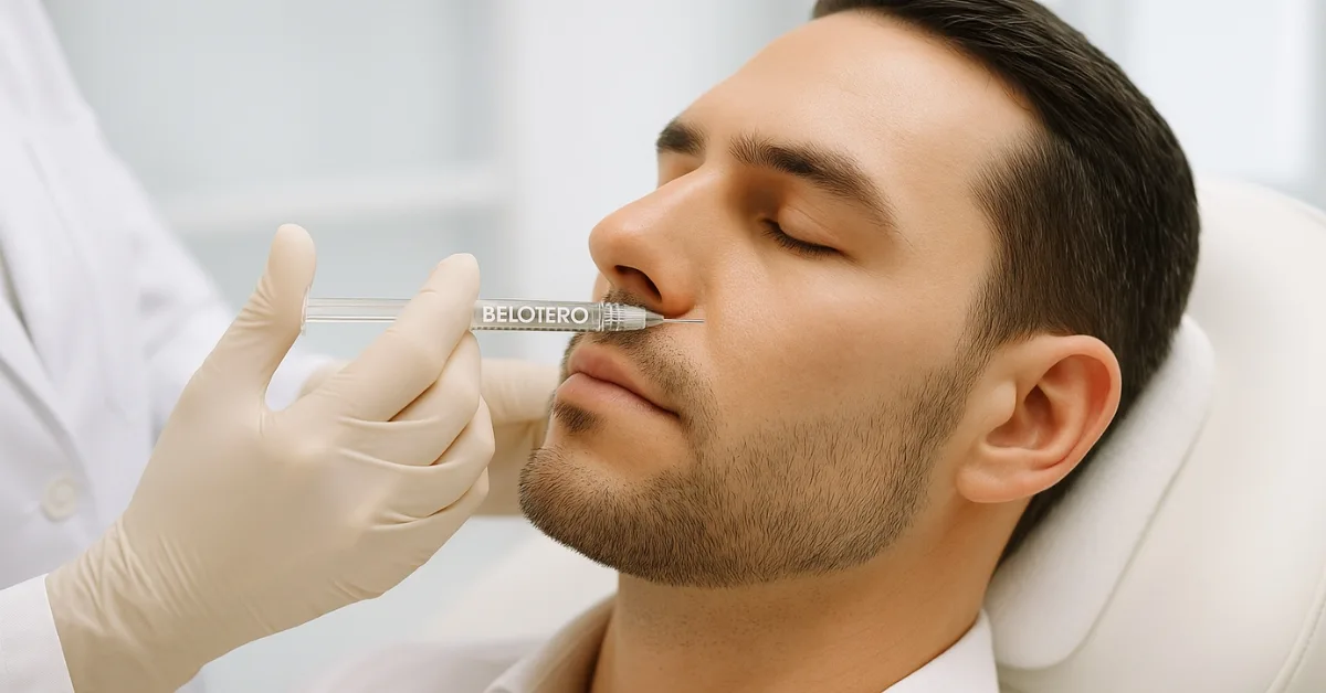 Man receiving a dermal filler injection in the nasolabial fold area from a licensed aesthetic practitioner wearing gloves.