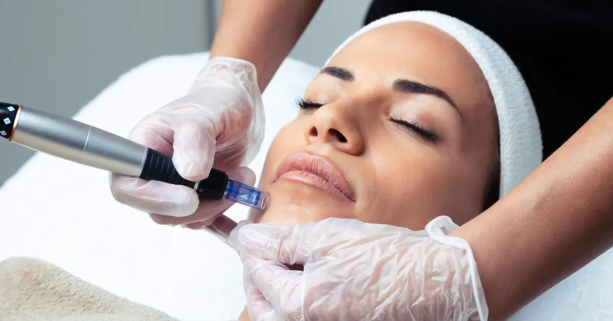 Client receiving a gentle microneedling facial at Express Med Spa for anti-aging and skin rejuvenation.