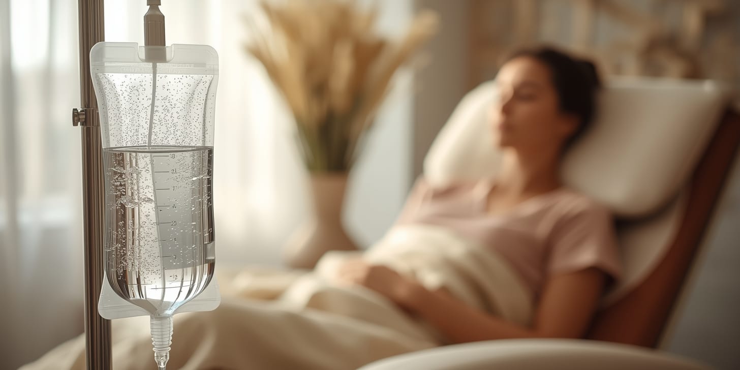 IV drip bag with a relaxed patient in the background during hydration therapy at Express Med Spa Mt. Greenwood Chicago.