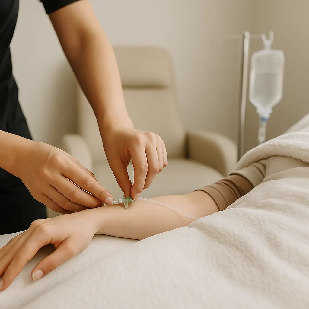 Nurse gently administering an IV therapy drip at Express Med Spa Frankfort, creating a calm and comfortable wellness experience