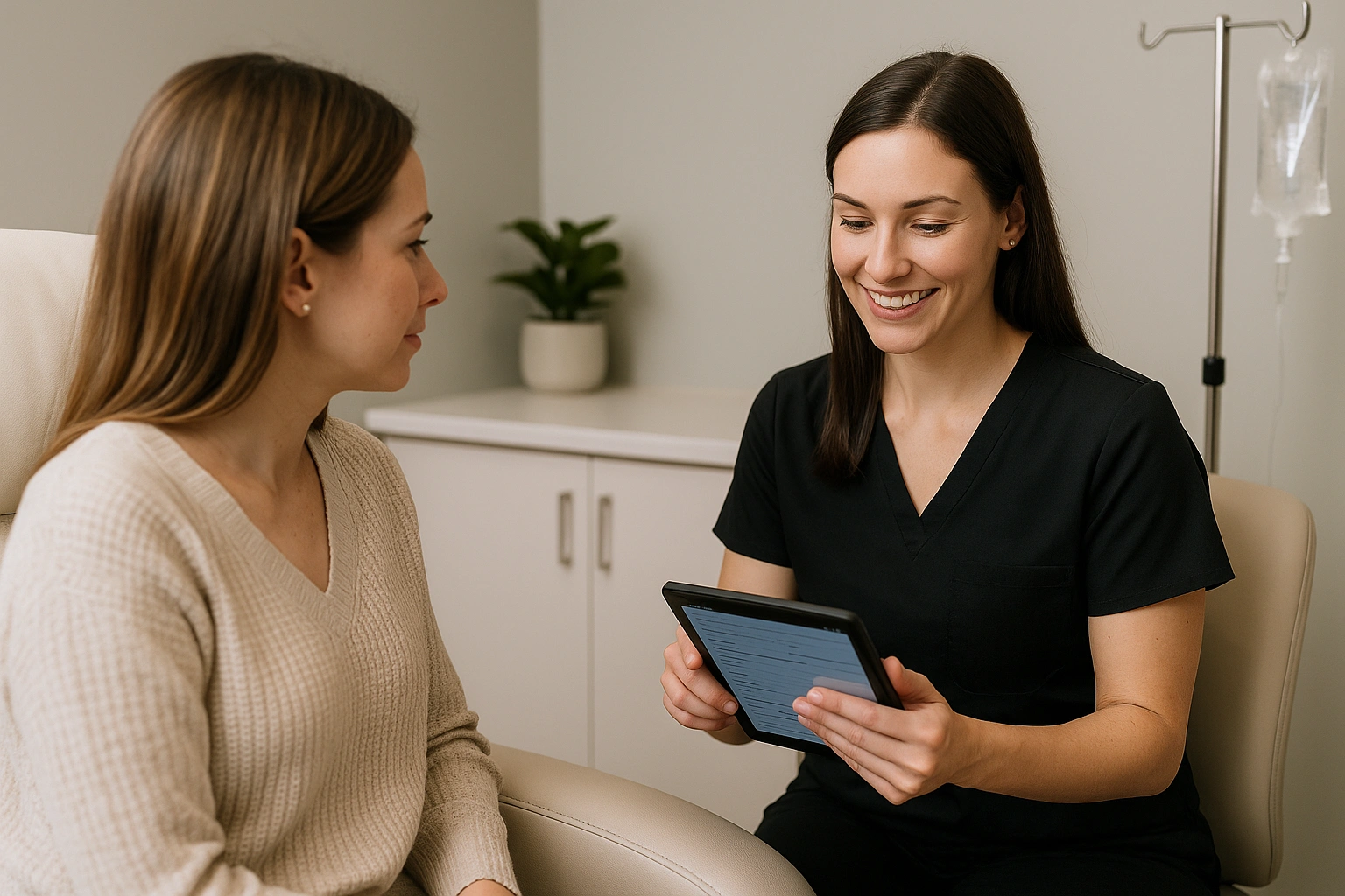 Nurse practitioner reviewing intake form on tablet with patient during IV therapy consultation at Express Med Spa La Grange IL