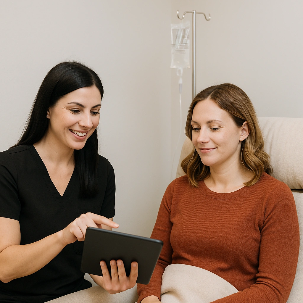 Nurse practitioner reviewing IV therapy intake form on tablet with patient in clean spa treatment room at Express Med Spa La Grange IL