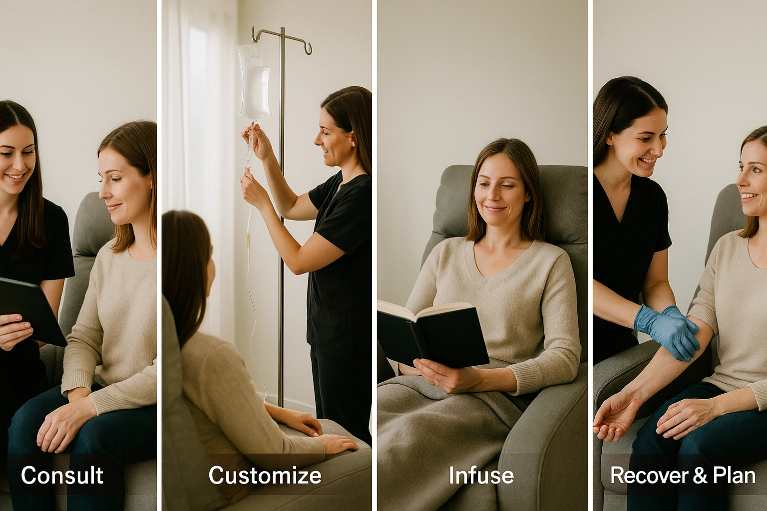 IV therapy process showing consultation customization infusion and recovery steps at Express Med Spa La Grange IL