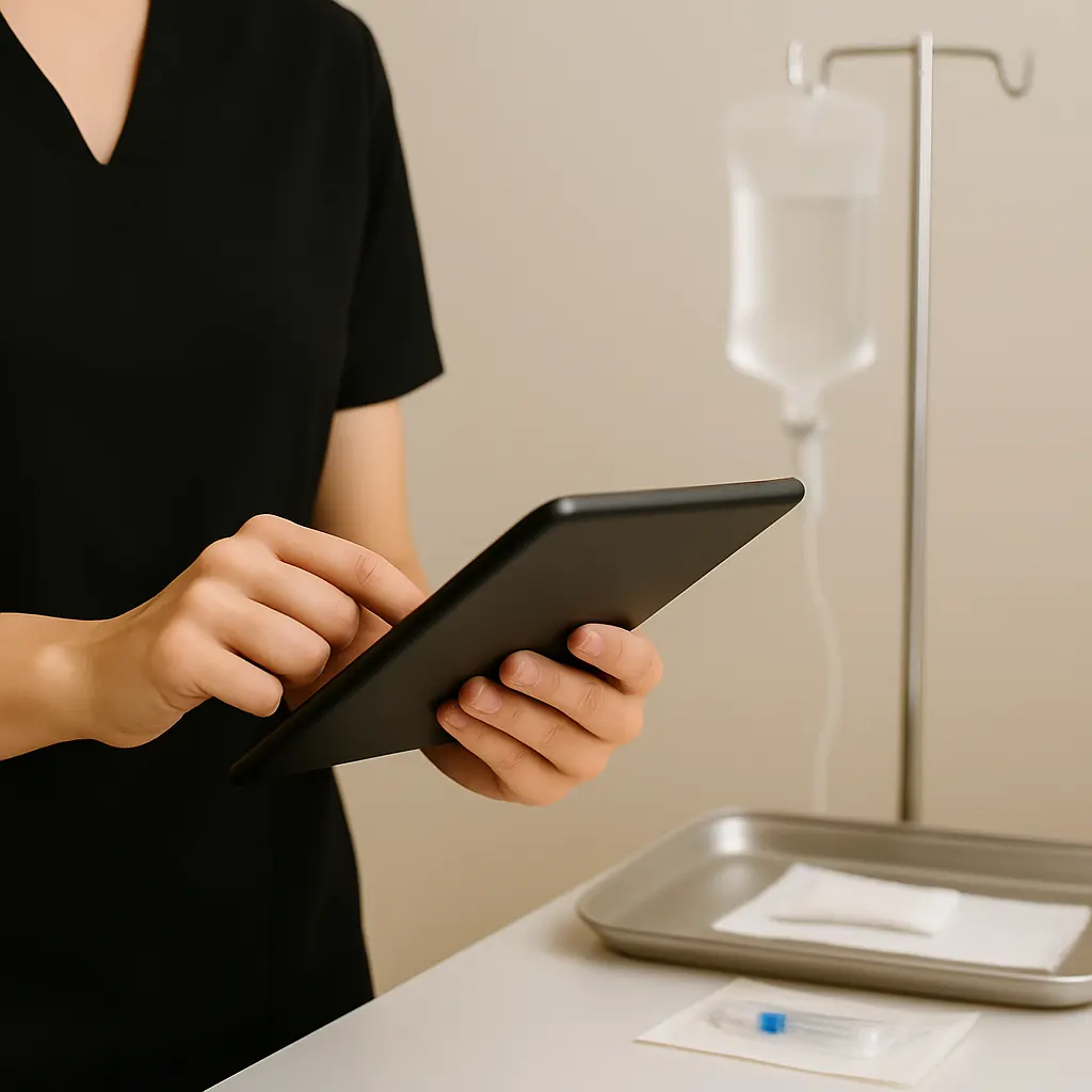 Nurse practitioner reviewing IV therapy safety guidelines on a tablet with IV equipment prepared in a clean Frankfort medical spa
