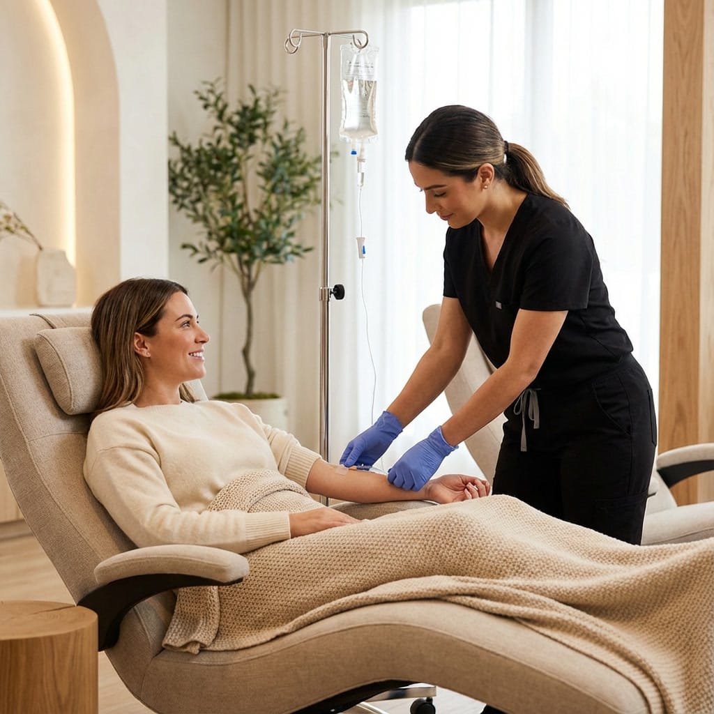 Nurse gently placing an IV for a calm, relaxed patient during hydration therapy at Express Med Spa Mt. Greenwood Chicago.