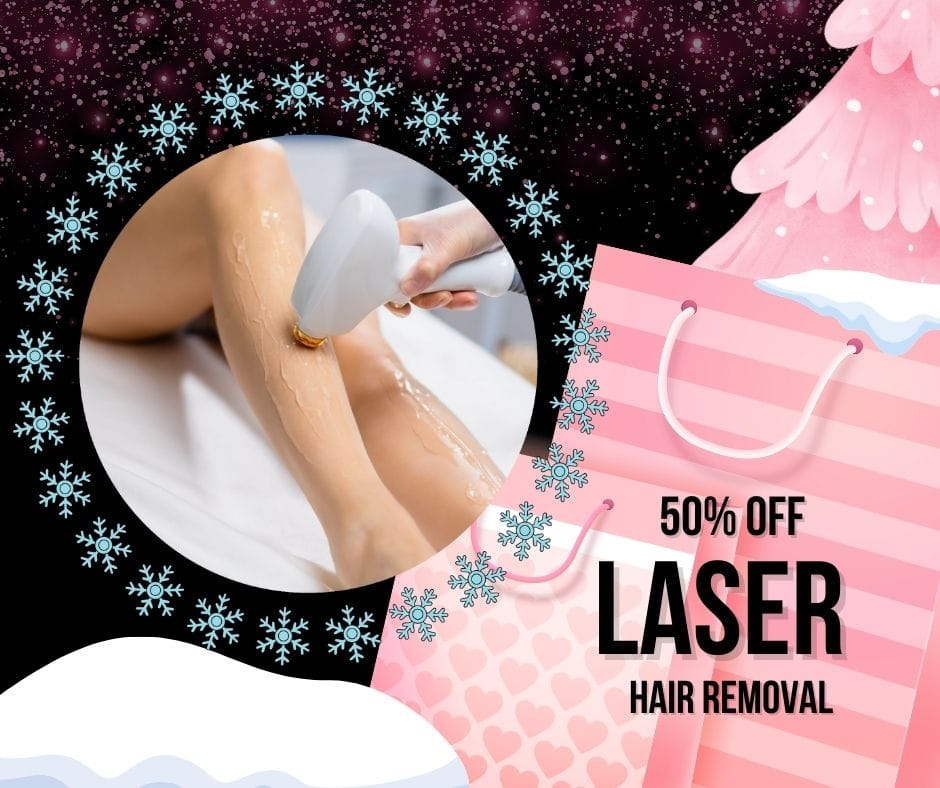 Woman receiving a laser treatment on her shoulder with a pink laser glow and Black Friday sale text for Express Med Spa.