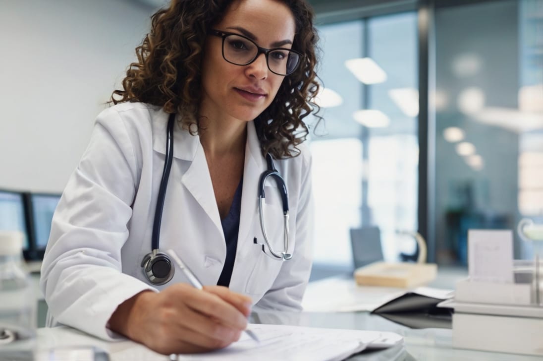 Medical provider in white coat reviewing patient records for laser and IV therapy oversight at a med spa