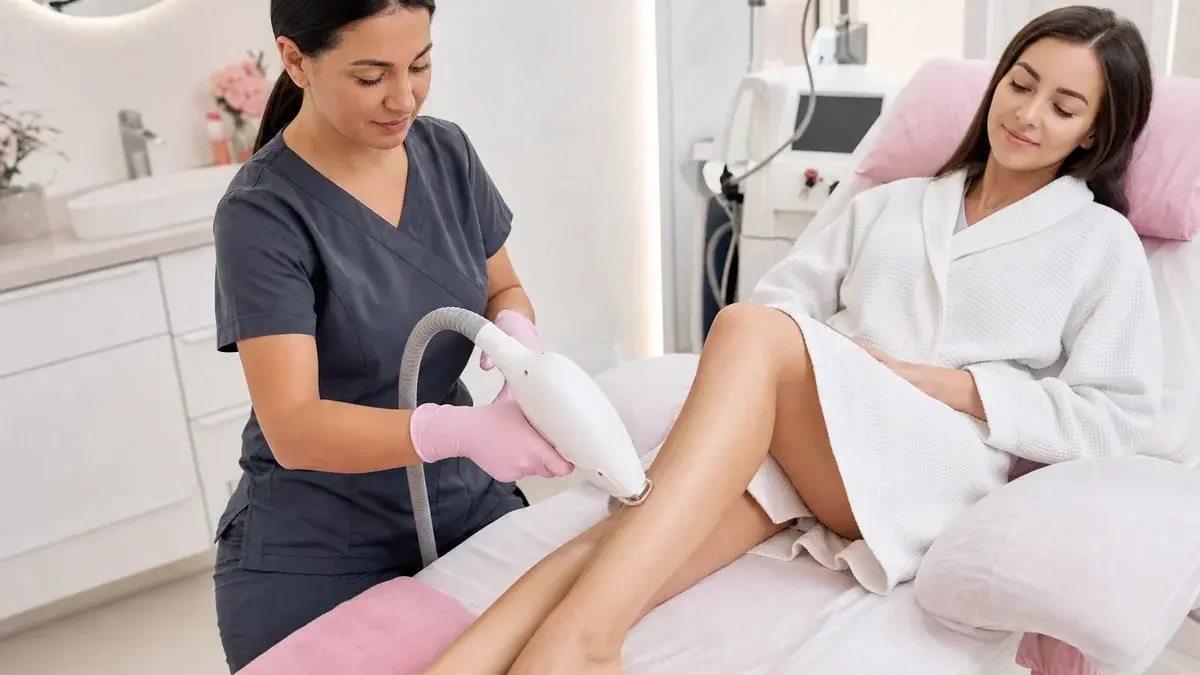 Express Med Spa provider performing laser hair removal on a client's lower leg