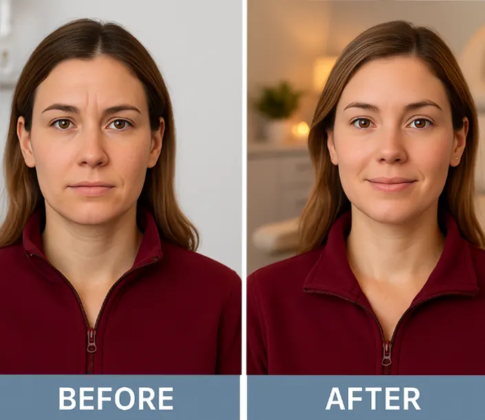 Before and after Letybo wrinkle treatment for glabellar lines at Express Med Spa in Frankfort, IL