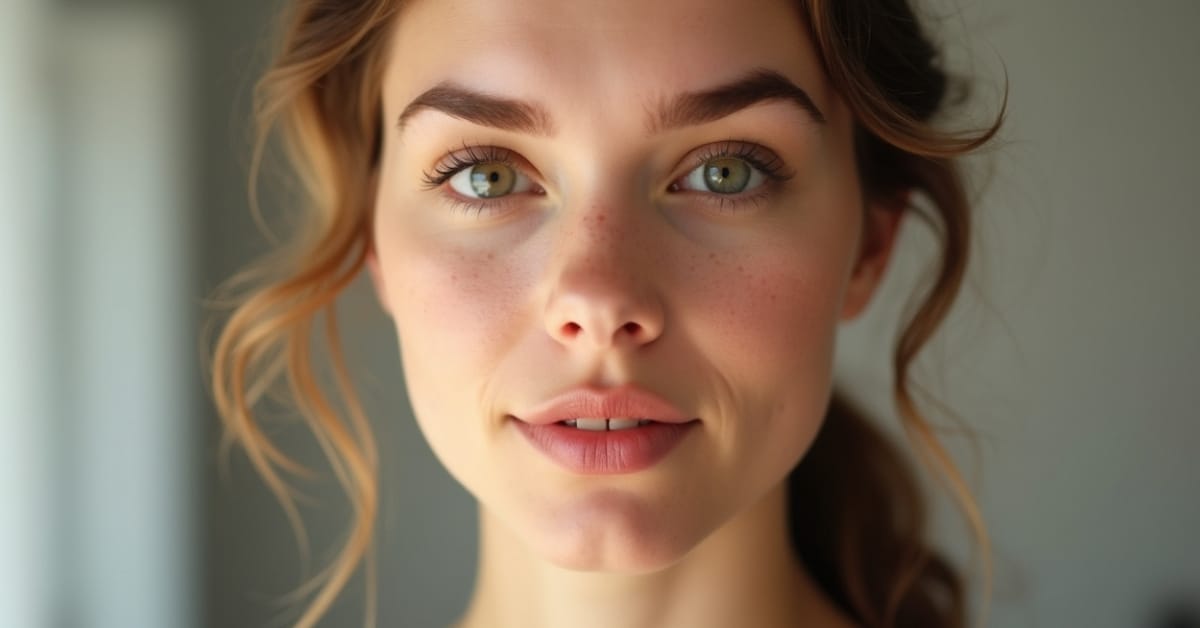 Close-up portrait of a woman with clear skin, soft natural makeup, and green eyes in gentle natural lighting.