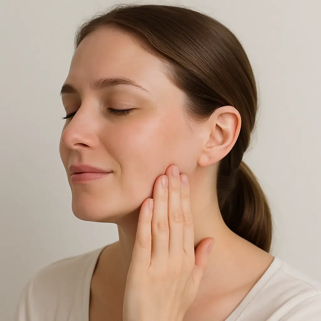 Woman touching her relaxed jawline showcasing the facial slimming and tension relief benefits of masseter Botox at Express Med Spa Manteno IL.