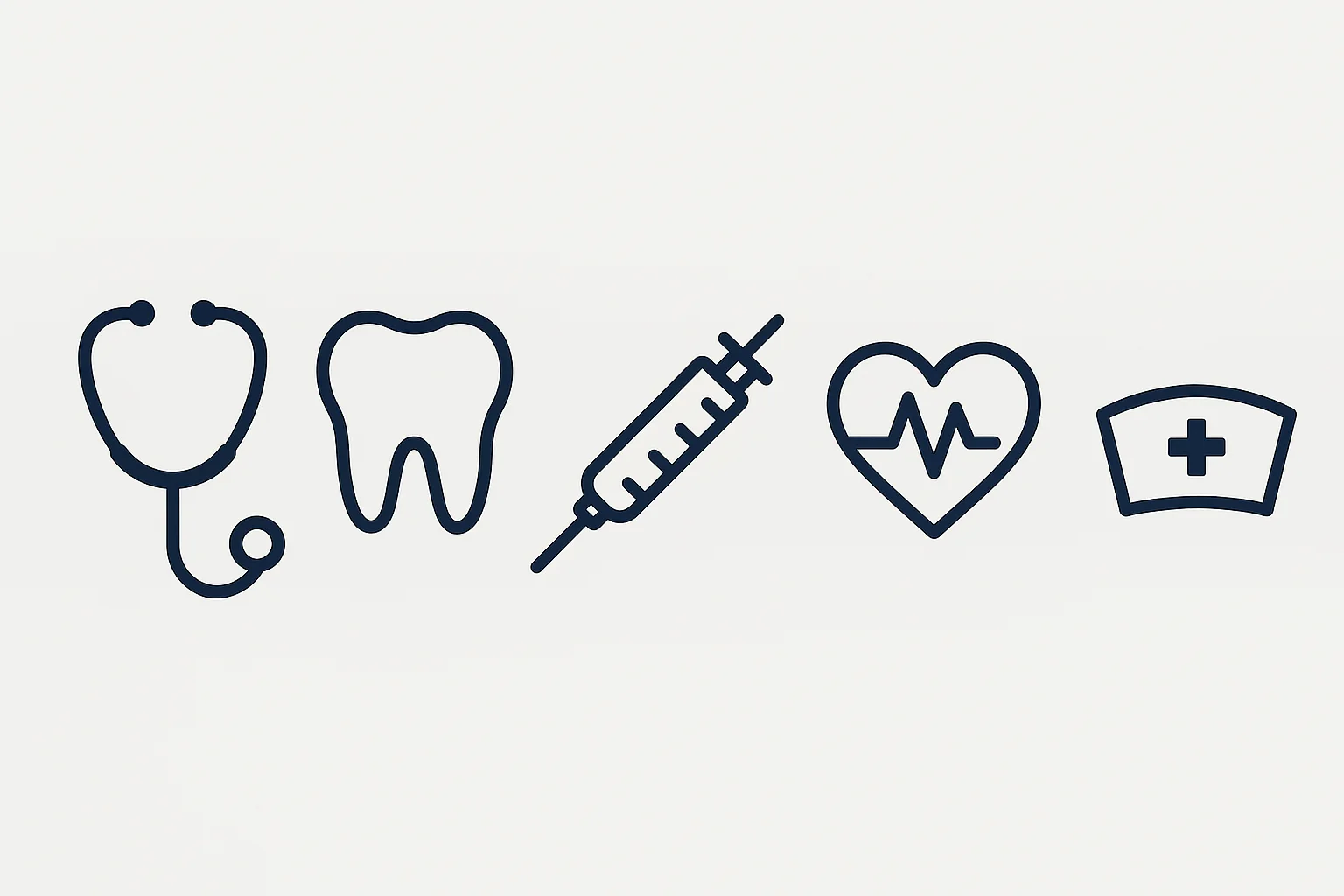 Horizontal vector of medical icons for MD, DDS, NP, PA, RN roles including stethoscope, syringe, and nurse cap.