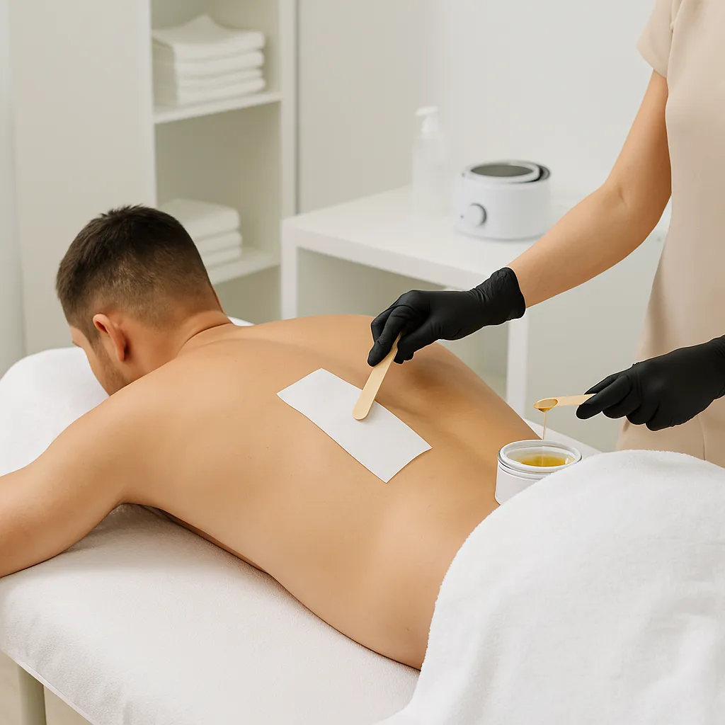 Professional back waxing service in a clean spa setting with esthetician applying wax