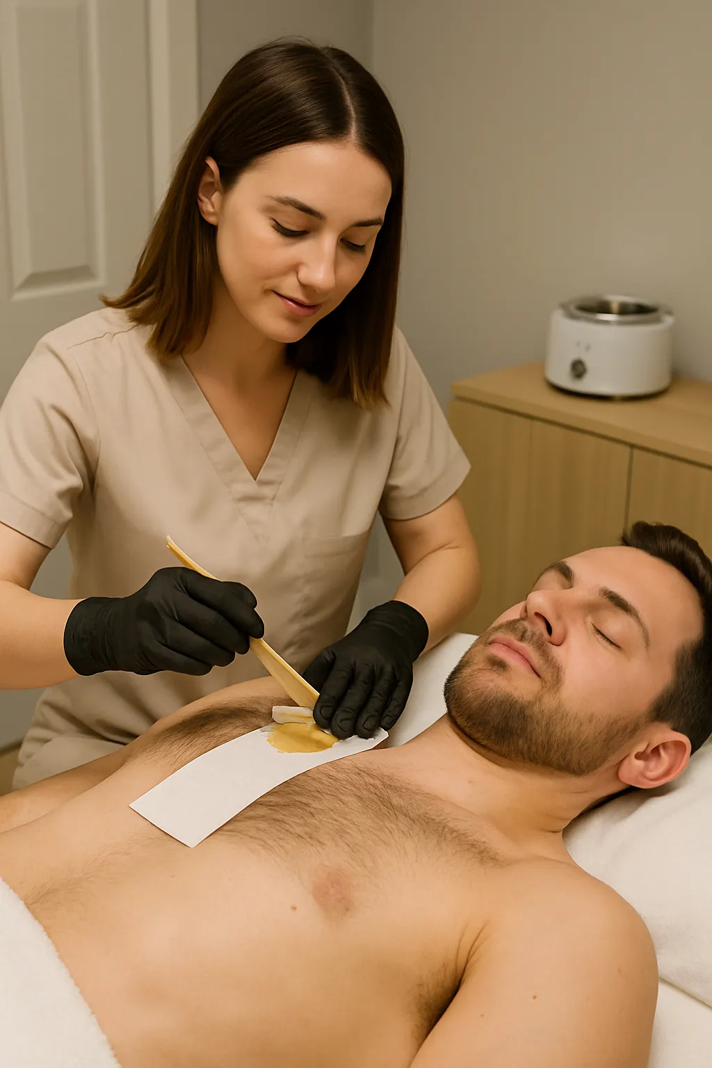 Chest waxing treatment in a clean med spa performed by gloved esthetician