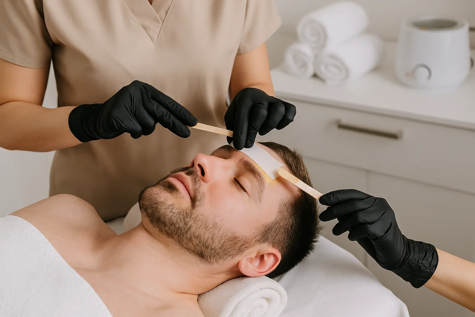 Eyebrow waxing treatment for men in a clean spa setting with gloved esthetician