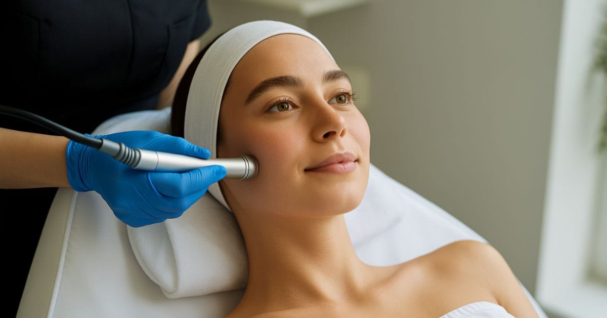 Client receives microdermabrasion facial at Express Med Spa for glowing skin, exfoliation, and rejuvenation.
