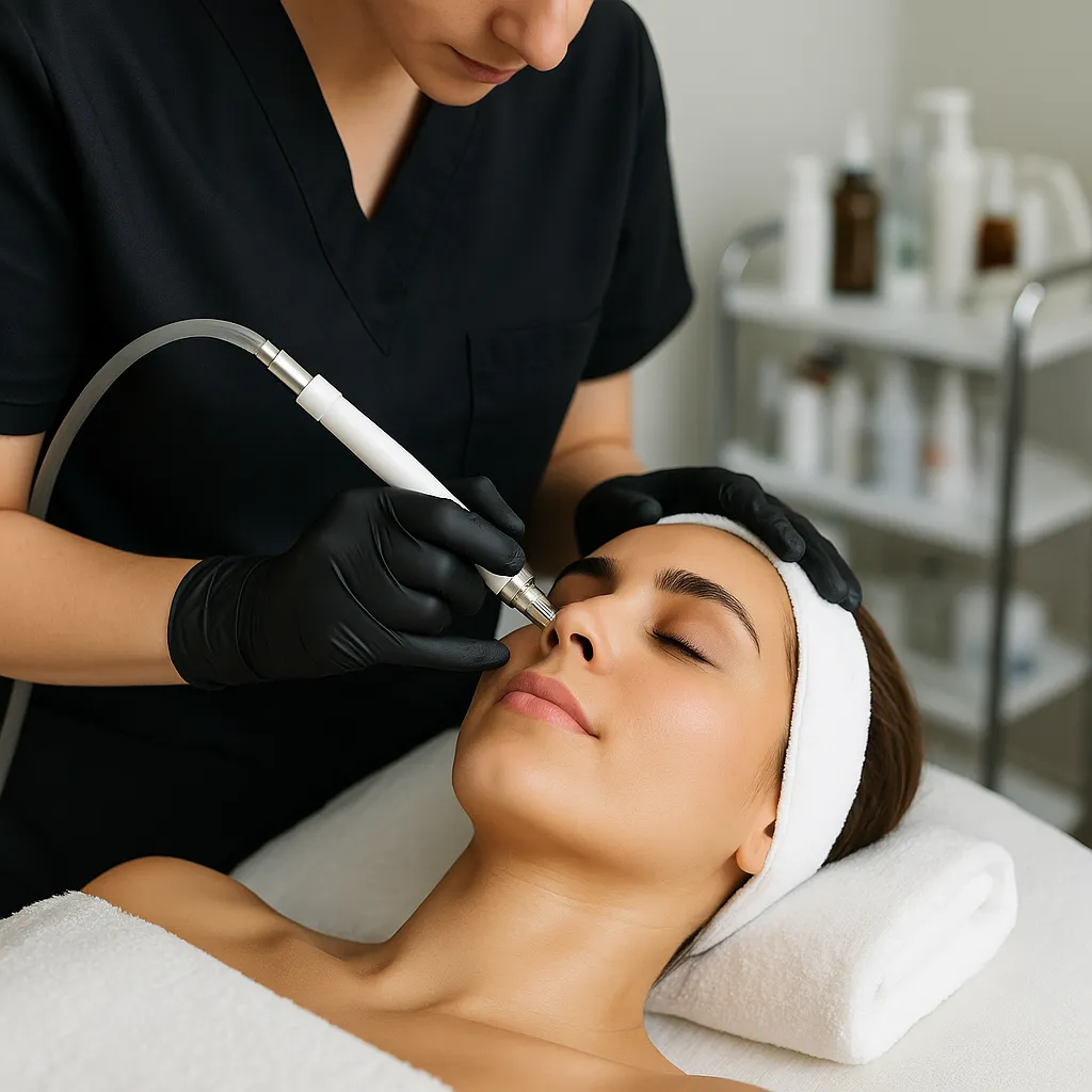 Microdermabrasion device gliding over client’s cheek for non-abrasive skin resurfacing and dermal rejuvenation at Express Med Spa Frankfort.