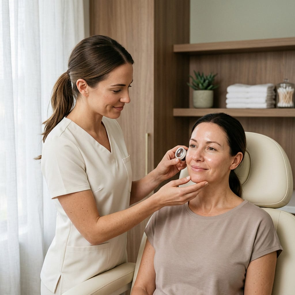 Nurse practitioner examining patient skin at the 2 week microneedling follow up appointment at Express Med Spa. microneedling aftercare