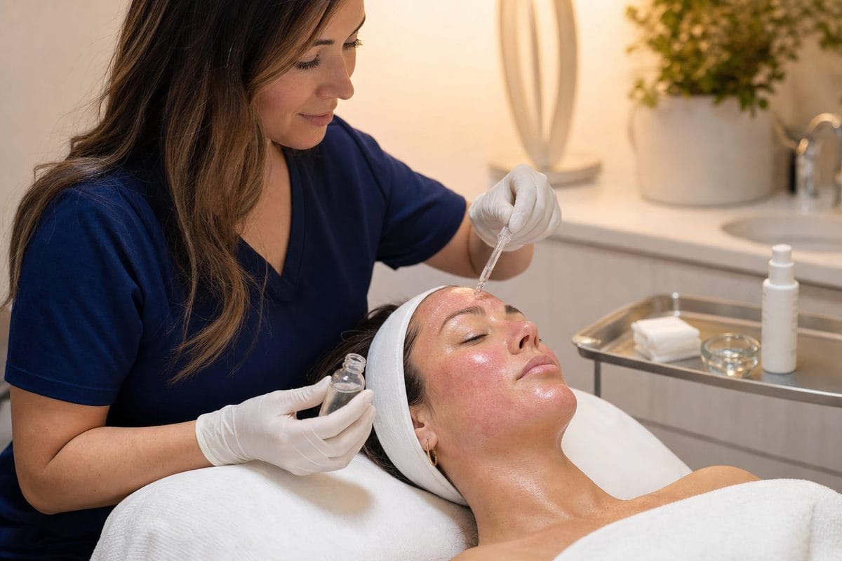 Provider applying hyaluronic acid soothing serum after a microneedling collagen induction session at Express Med Spa