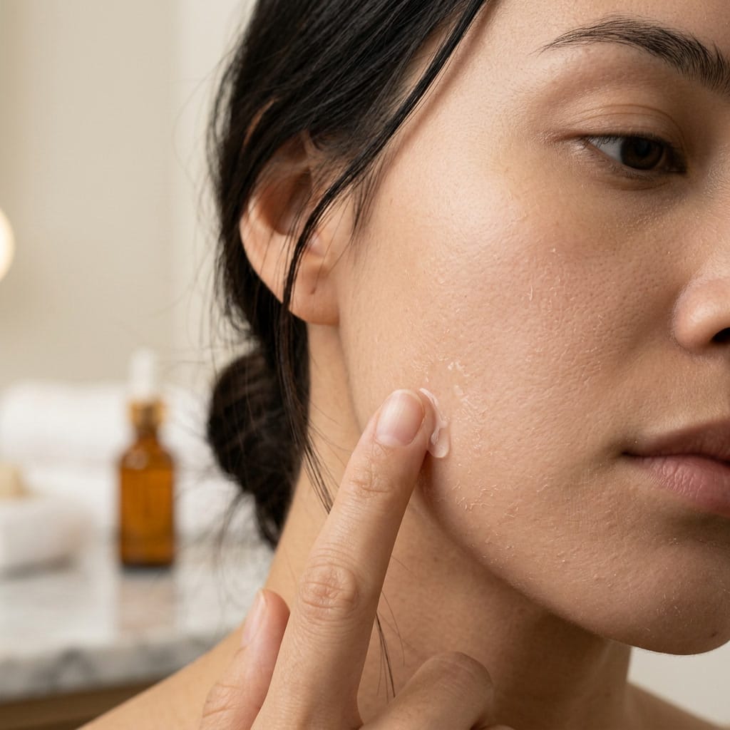 Close up of woman applying hyaluronic acid serum to mildly flaking skin during day 2 microneedling aftercare recovery