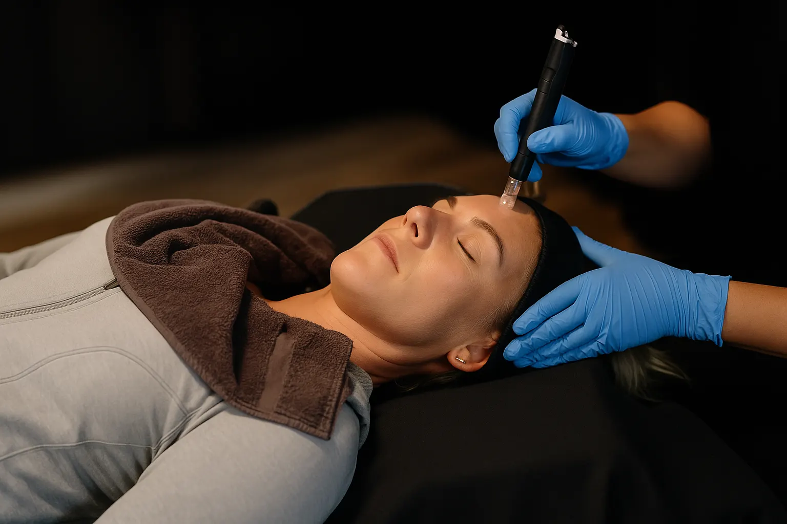 Blue-gloved hands holding a microneedling pen to the forehead of a woman lying on a dark treatment table